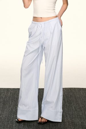 Light Blue Striped Drawstring Casual Pants for Women - Retro Wide-Leg Design for Spring and Summer, Relaxed Fit, Y2K Style