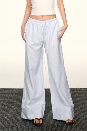 Light Blue Striped Drawstring Casual Pants for Women - Retro Wide-Leg Design for Spring and Summer, Relaxed Fit, Y2K Style