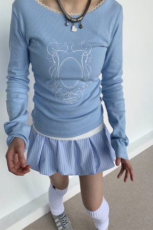 Light Blue Striped Floral Puff Skirt - Spring Collection Girl-Style Ballet Cake Skirt for a 90s Y2K Look