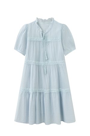 Light Blue Tassel Tie Dress for Women - Summer National Style Loose Fit, Beautiful Design, Small Size, Perfect for Y2K and Korean Fashion
