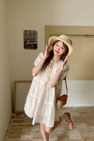 Light Blue Tassel Tie Dress for Women - Summer National Style Loose Fit, Beautiful Design, Small Size, Perfect for Y2K and Korean Fashion