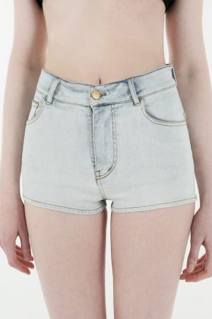 Light Blue Washed Stretchy Denim Shorts for Women - Retro 90s Style High-Waisted Casual Summer Shorts
