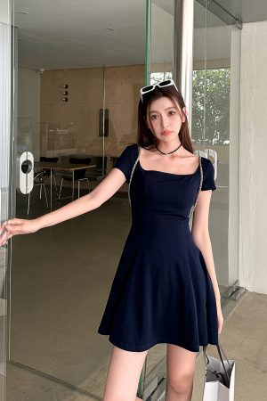 Light Fabric High-Waisted A-Line Skirt - Elegant Slimming Dark Blue Summer Style