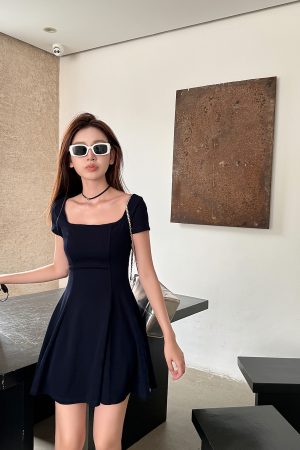 Light Fabric High-Waisted A-Line Skirt - Elegant Slimming Dark Blue Summer Style