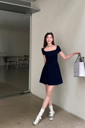 Light Fabric High-Waisted A-Line Skirt - Elegant Slimming Dark Blue Summer Style
