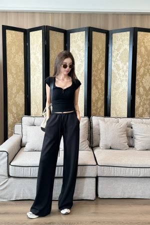 Light Fabric Summer Heart Collar Short Sleeve Slim T-Shirt & Low-Waist Draped Wide-Leg Pants Set for Women - Y2K Style