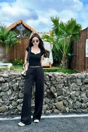 Light Fabric Summer Heart Collar Short Sleeve Slim T-Shirt & Low-Waist Draped Wide-Leg Pants Set for Women - Y2K Style