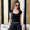 Light Fabric Summer Heart Collar Short Sleeve Slim T-Shirt & Low-Waist Draped Wide-Leg Pants Set for Women - Y2K Style
