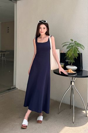 Light Gray Cotton Sleeveless Dress with Fitted Waist, French Style High-Waisted Long Skirt, Summer Thin Fabric for Women