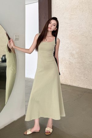 Light Gray Cotton Sleeveless Dress with Fitted Waist, French Style High-Waisted Long Skirt, Summer Thin Fabric for Women