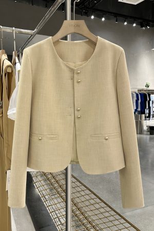 Light Khaki French-Style Short Blazer for Women, Spring Autumn 2025, Chic Mature Top, Korean Style Fashion