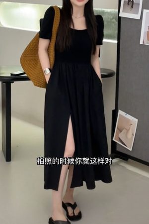 Light Luxury Plus-Size Little Black Dress, French Hepburn Style, Square Neck, Flattering Split Design for Curvy Figures, Summer Fashion