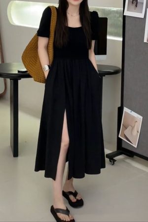 Light Luxury Plus-Size Little Black Dress, French Hepburn Style, Square Neck, Flattering Split Design for Curvy Figures, Summer Fashion