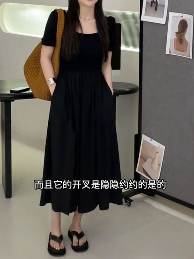 Light Luxury Plus-Size Little Black Dress, French Hepburn Style, Square Neck, Flattering Split Design for Curvy Figures, Summer Fashion Light Luxury Plus-Size Little Black Dress, French Hepburn Style, Square Neck, Flattering Split Design for Curvy Figures, Summer Fashion