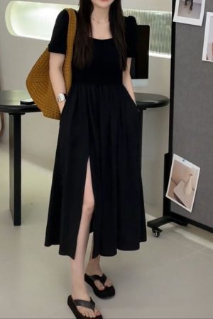 Light Luxury Plus-Size Little Black Dress, French Hepburn Style, Square Neck, Flattering Split Design for Curvy Figures, Summer Fashion