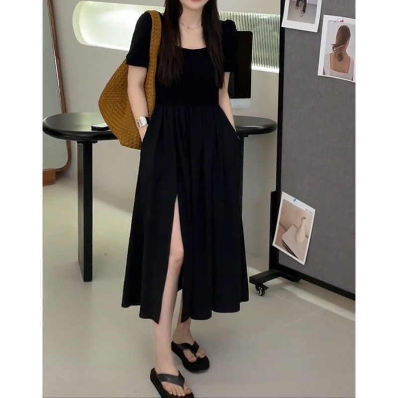 Light Luxury Plus-Size Little Black Dress, French Hepburn Style, Square Neck, Flattering Split Design for Curvy Figures, Summer Fashion Light Luxury Plus-Size Little Black Dress, French Hepburn Style, Square Neck, Flattering Split Design for Curvy Figures, Summer Fashion