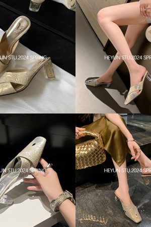 Light Luxury Rhinestone High-Heeled Sandals for Women - Versatile Backless Design, Fashionable Style for Any Occasion