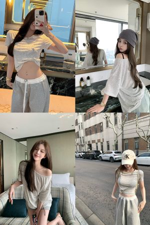 Light Oxygen Holiday Vintage Striped Short Sleeve T-Shirt for Women - Summer Casual Relaxed Round Neck Top, Y2K Style