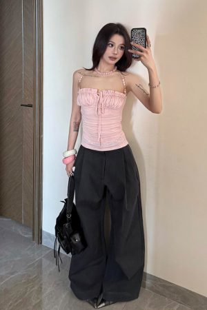 Light Pink Beaded Shoulder Strap Camisole for Women, Summer Lace Splicing Fitted Sexy Top, Y2K Style Outerwear