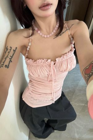 Light Pink Beaded Shoulder Strap Camisole for Women, Summer Lace Splicing Fitted Sexy Top, Y2K Style Outerwear