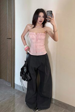 Light Pink Beaded Shoulder Strap Camisole for Women, Summer Lace Splicing Fitted Sexy Top, Y2K Style Outerwear