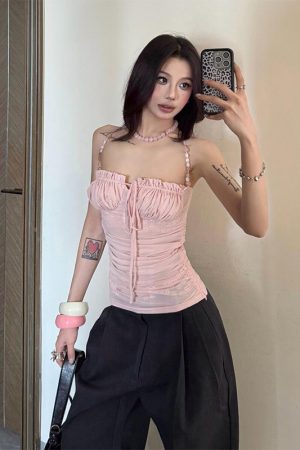 Light Pink Beaded Shoulder Strap Camisole for Women, Summer Lace Splicing Fitted Sexy Top, Y2K Style Outerwear