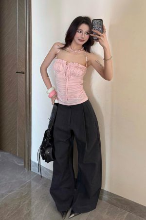 Light Pink Beaded Shoulder Strap Camisole for Women, Summer Lace Splicing Fitted Sexy Top, Y2K Style Outerwear
