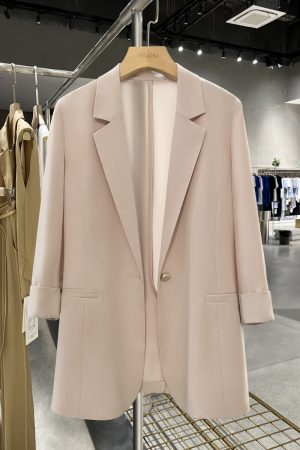 Light Pink Elegant Women's Blazer Jacket - Thin High-End Spring/Summer Suit Top for Intellectual Style