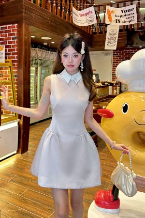 Light Pink Glossy Satin Sleeveless Shirt Dress with Waist-Cinching Design and Faux Two-Piece Skirt for Spring, Y2K Style