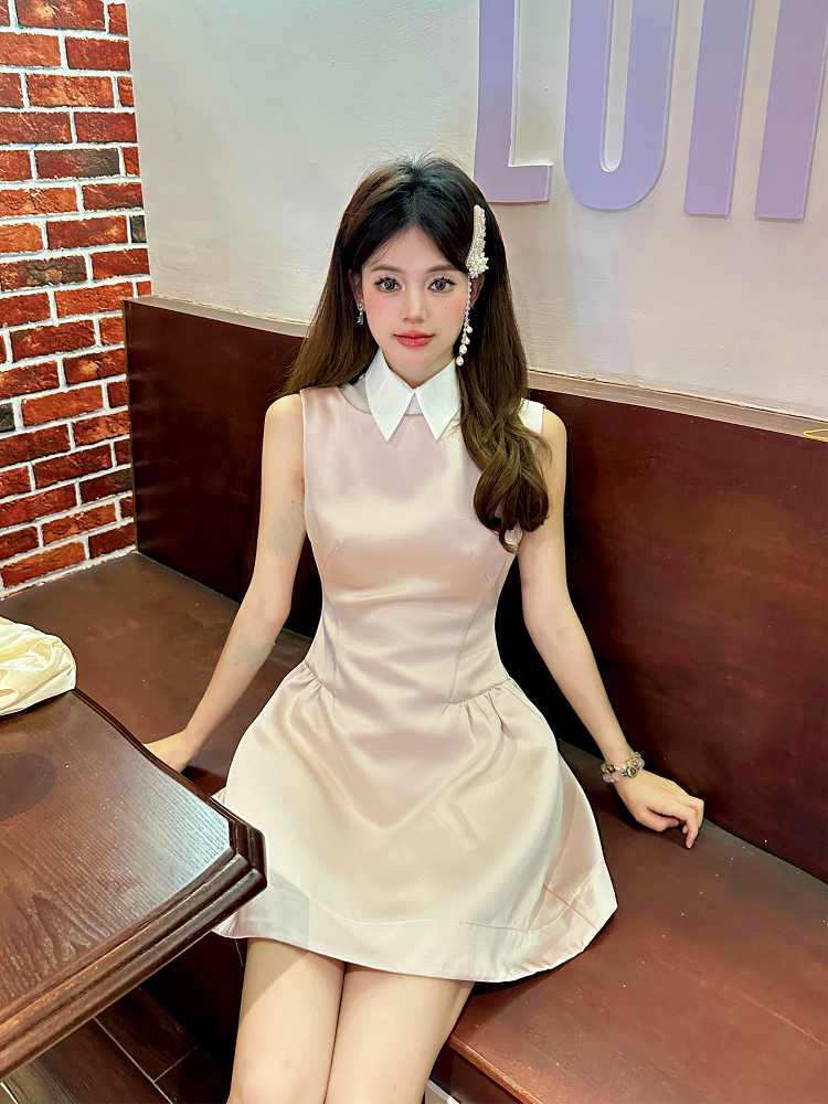 Light Pink Glossy Satin Sleeveless Shirt Dress with Waist-Cinching Design and Faux Two-Piece Skirt for Spring, Y2K Style Light Pink Glossy Satin Sleeveless Shirt Dress with Waist-Cinching Design and Faux Two-Piece Skirt for Spring, Y2K Style