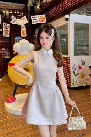 Light Pink Glossy Satin Sleeveless Shirt Dress with Waist-Cinching Design and Faux Two-Piece Skirt for Spring, Y2K Style