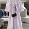 Light Purple Lace-Trimmed Puff Sleeve Mid-Length Dress - French Style Summer 2025 Women's Fashion, Elegant Little Dress