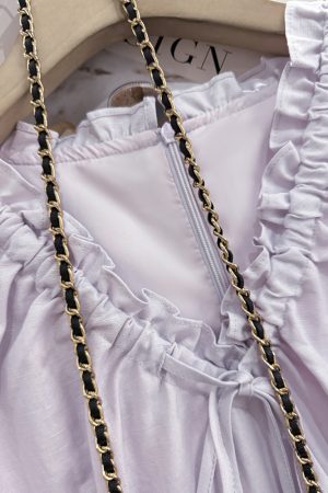 Light Purple Lace-Trimmed Puff Sleeve Mid-Length Dress - French Style Summer 2025 Women's Fashion, Elegant Little Dress