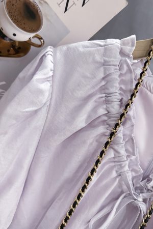 Light Purple Lace-Trimmed Puff Sleeve Mid-Length Dress - French Style Summer 2025 Women's Fashion, Elegant Little Dress