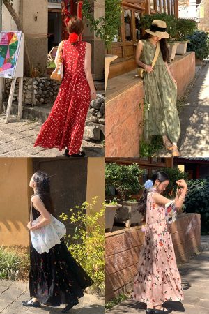 Light Spring Mountains Retro Floral Maxi Dress for Women - Loose V-Neck Sleeveless Long Dress, Perfect for Summer 90s & Y2K Style