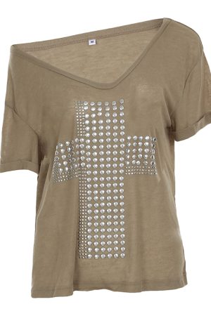 Light Subculture Cross Sequin Loose Mid-Length T-Shirt for Women - Relaxed Big V-Neck Short Sleeve Summer Top