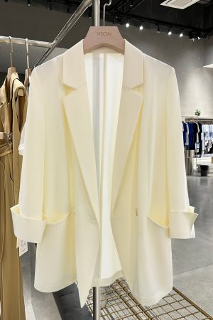 Light Yellow Loose Fit Suit Jacket for Women - Stylish Draping Blazer, 2025 Spring/Summer, Sun-Protective, Age-Reducing Fashion