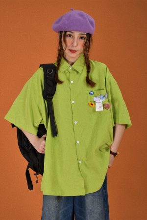 Light Yellow Short Sleeve Shirt for Women - Vintage Loose Fit Korean Style Summer Top - Popular Half Sleeve Design for Students