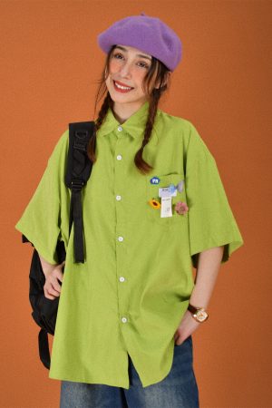 Light Yellow Short Sleeve Shirt for Women - Vintage Loose Fit Korean Style Summer Top - Popular Half Sleeve Design for Students