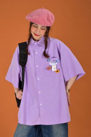 Light Yellow Short Sleeve Shirt for Women - Vintage Loose Fit Korean Style Summer Top - Popular Half Sleeve Design for Students