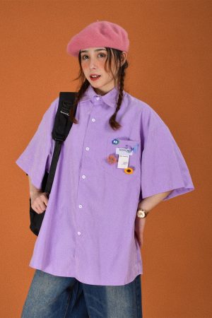 Light Yellow Short Sleeve Shirt for Women - Vintage Loose Fit Korean Style Summer Top - Popular Half Sleeve Design for Students