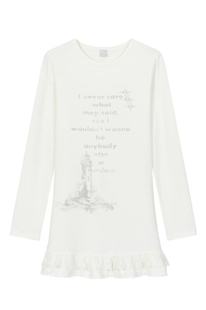 Lighthouse Print Lace Trim Long Sleeve T-Shirt Dress with Layered Inner Top for Women - Slim Fit, Casual Style