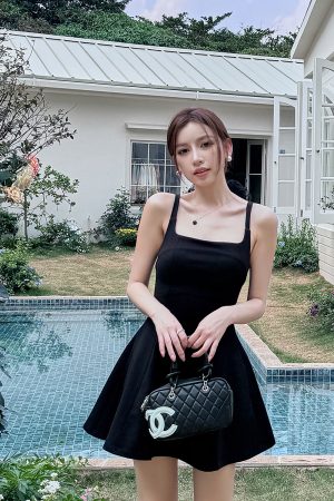 Lightweight A-Line Short Skirt for Tall Women, High Waist, Square Neck, Slimming, Stretchy Little Black Dress for Spring & Summer