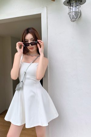 Lightweight A-Line Short Skirt for Tall Women, High Waist, Square Neck, Slimming, Stretchy Little Black Dress for Spring & Summer