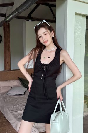 Lightweight Adjustable U-Neck Hollow Black Tank Dress, Slimming Tencel Summer Dress with French Short Skirt Style