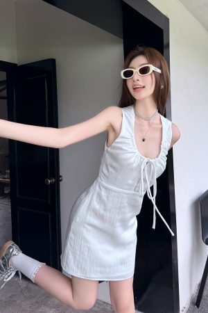 Lightweight Adjustable U-Neck Hollow Black Tank Dress, Slimming Tencel Summer Dress with French Short Skirt Style