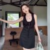 Lightweight Adjustable U-Neck Hollow Black Tank Dress, Slimming Tencel Summer Dress with French Short Skirt Style
