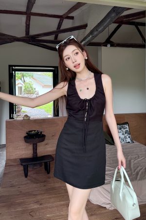 Lightweight Adjustable U-Neck Hollow Black Tank Dress, Slimming Tencel Summer Dress with French Short Skirt Style