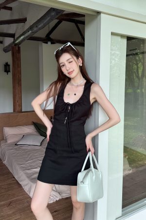 Lightweight Adjustable U-Neck Hollow Sexy Tank Dress - Slimming Tencel Summer Dress with French Short Skirt in White