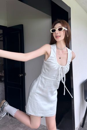 Lightweight Adjustable U-Neck Hollow Sexy Tank Dress - Slimming Tencel Summer Dress with French Short Skirt in White